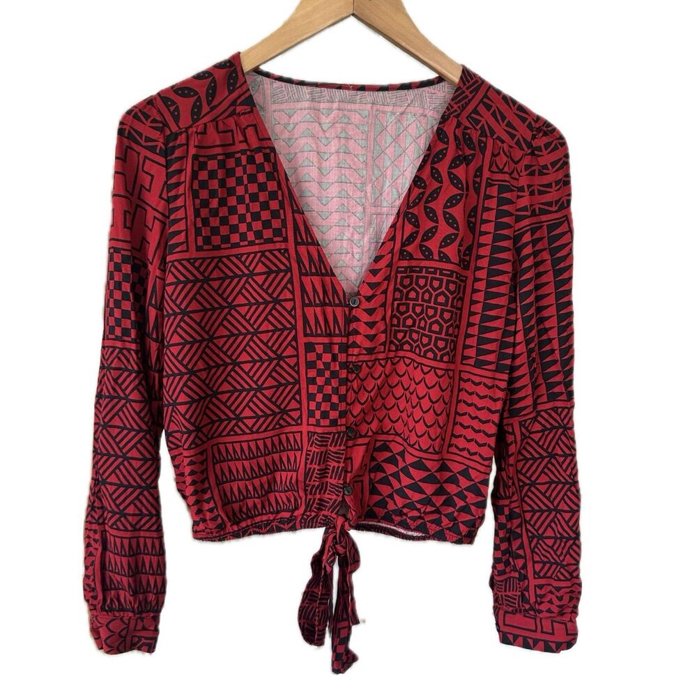 Hawaii's Finest Hawaiian Tribal Elastic Crop Front Tie Long Sleeve Blouse Top M